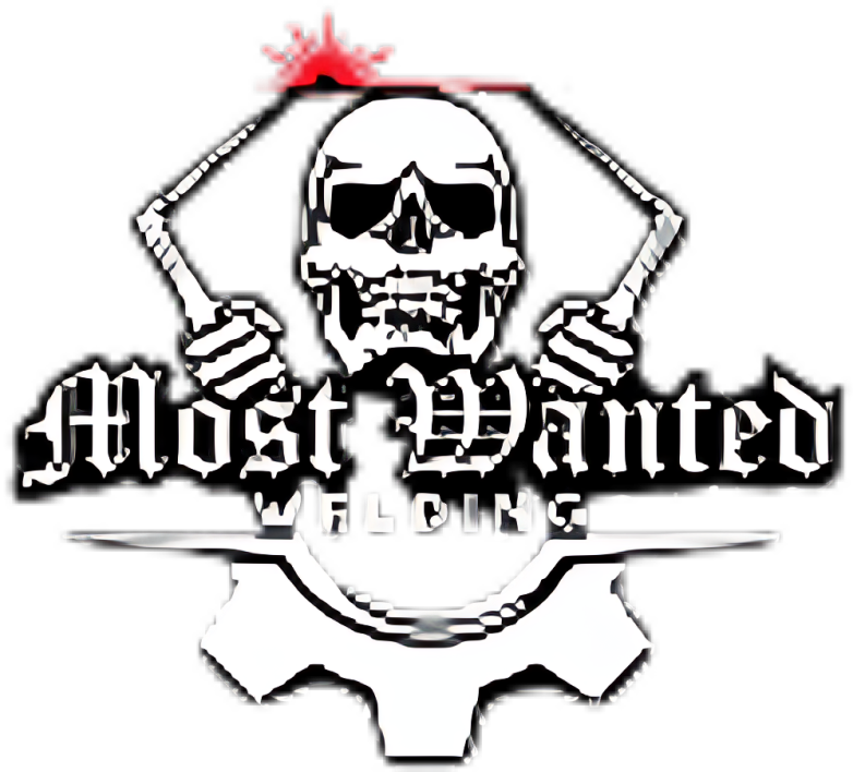 Skull with welding tools and gears logo.