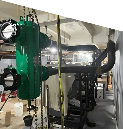 Industrial machinery with green components and black pipes in a factory setting.