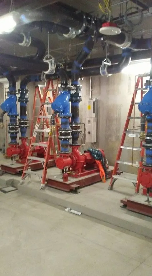 Industrial pumps and piping system with ladders in a mechanical room.
